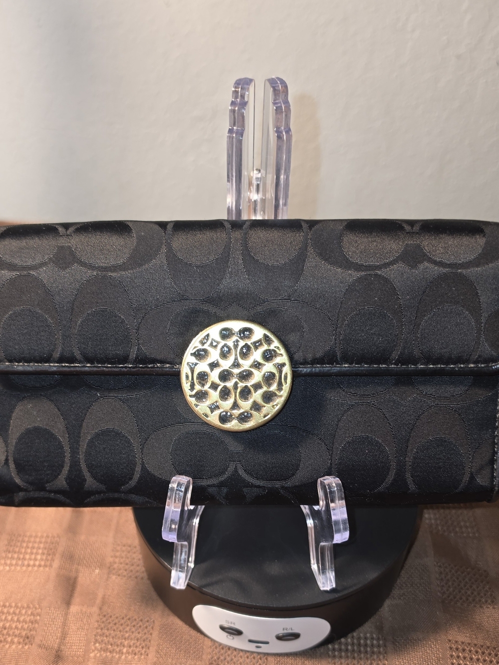 Coach Black Signature Continental Wallet with Gold Medallion